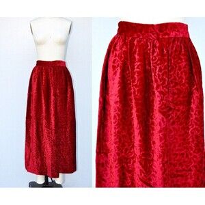 Vintage Red Velvet Maxi Skirt Crushed Red Velvet Pleated High Waist Skirt XS